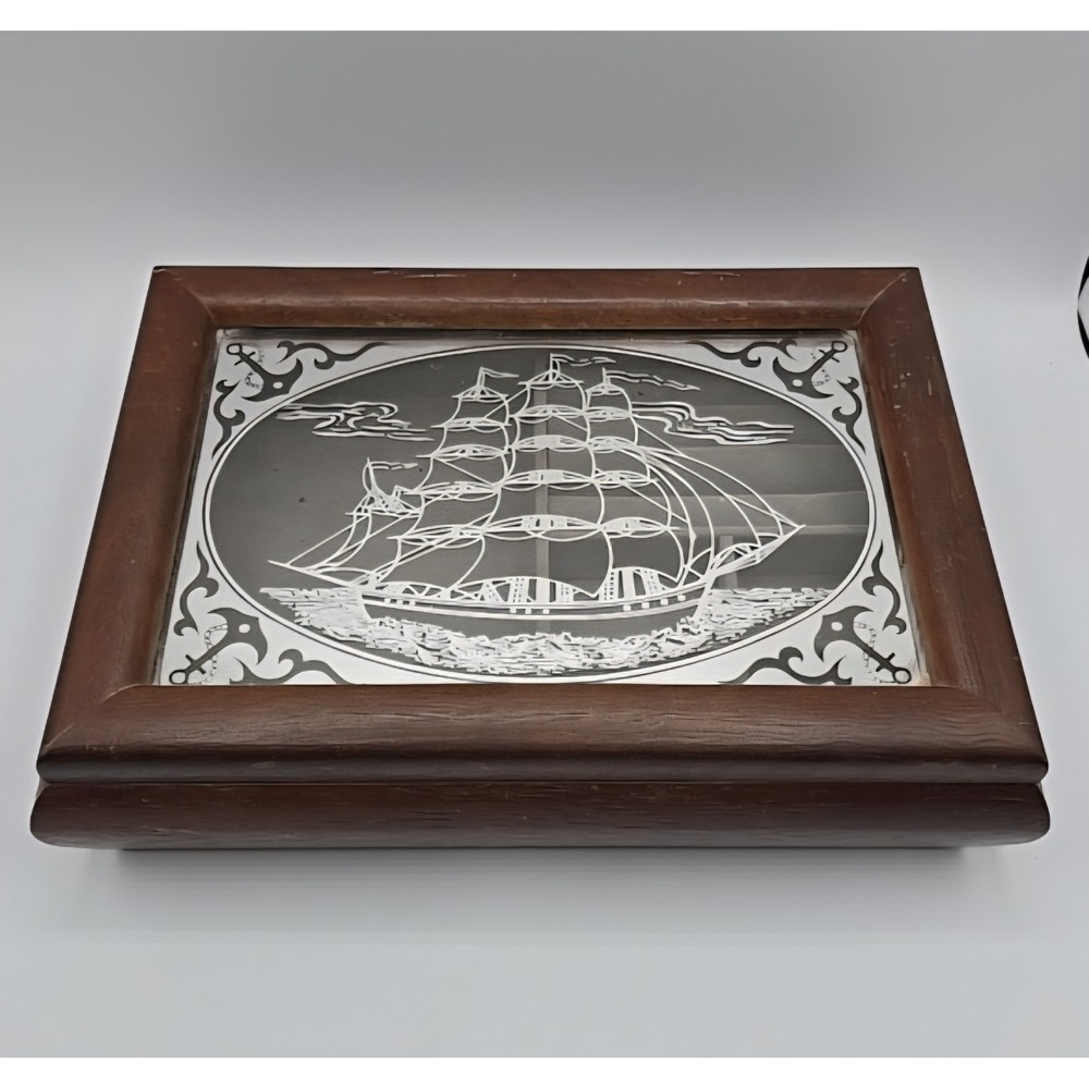 Vintage Wooden Powell Jewelry Box Ship Mirrored Glass Nautical Decor MCM